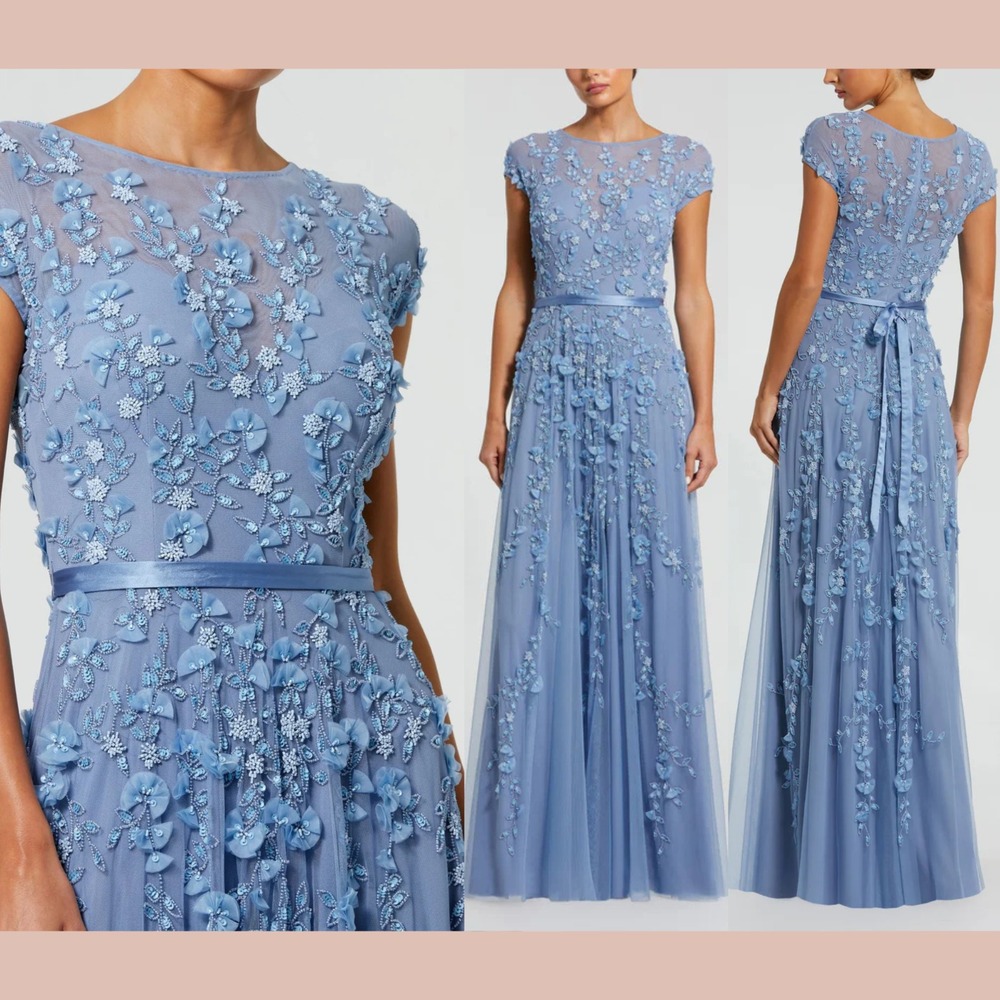 NWT Mac Duggal [ 10 ] 14521 Floral Embellished Short Sleeve Mesh Gown Blue S1971